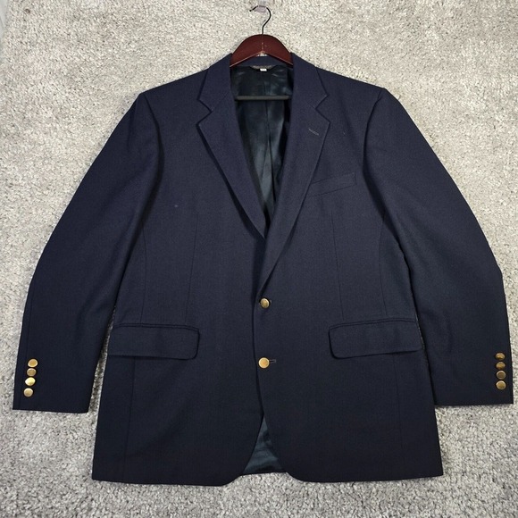 LL Bean Blazer Mens 44L Blue Polyester 2 Button Inside Zipper Pocket Vintage - Picture 1 of 16